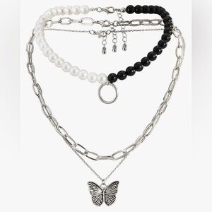 Butterfly Necklace multilayer White Gold Silver Plated Pearl Circle 15in 3pc New